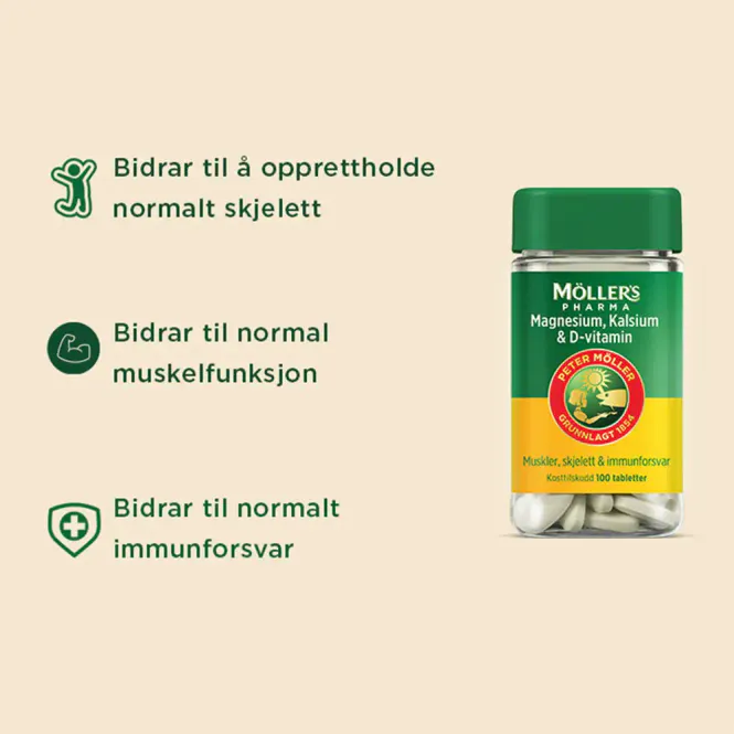 Hovedbilde Møllers Pharma Magnesium, Kalsium & D-Vitamin Tabletter 100 stk