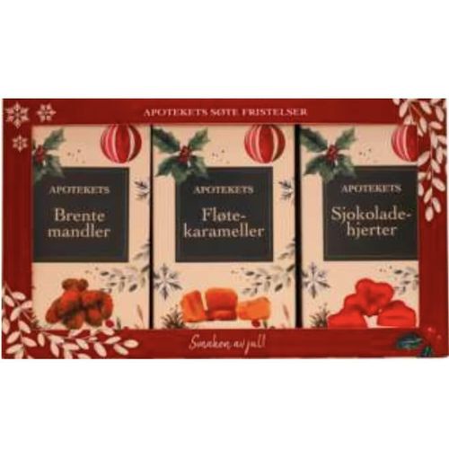 Apotekets Søte Fristelser Fløtekarameller, Sjokoladehjerter, Brente Mandler 3x100 g