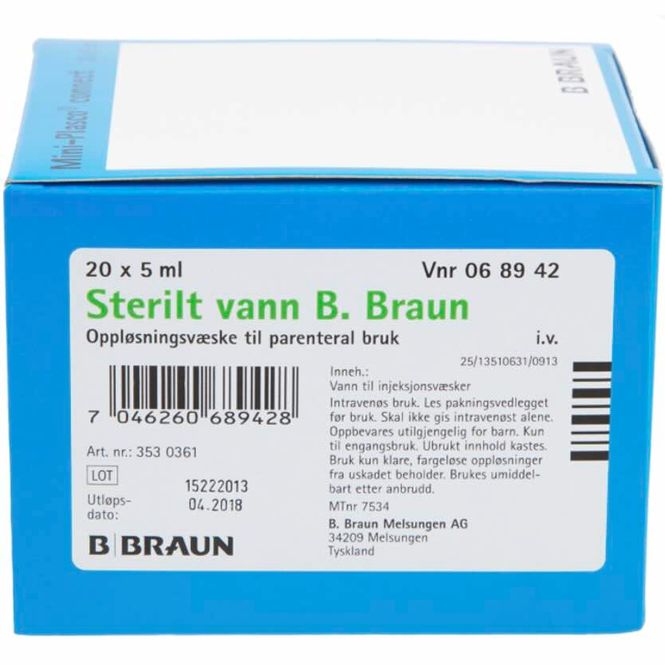 Hovedbilde Sterilt Vann Parenteral Bruk Ampuller 20x5 ml 