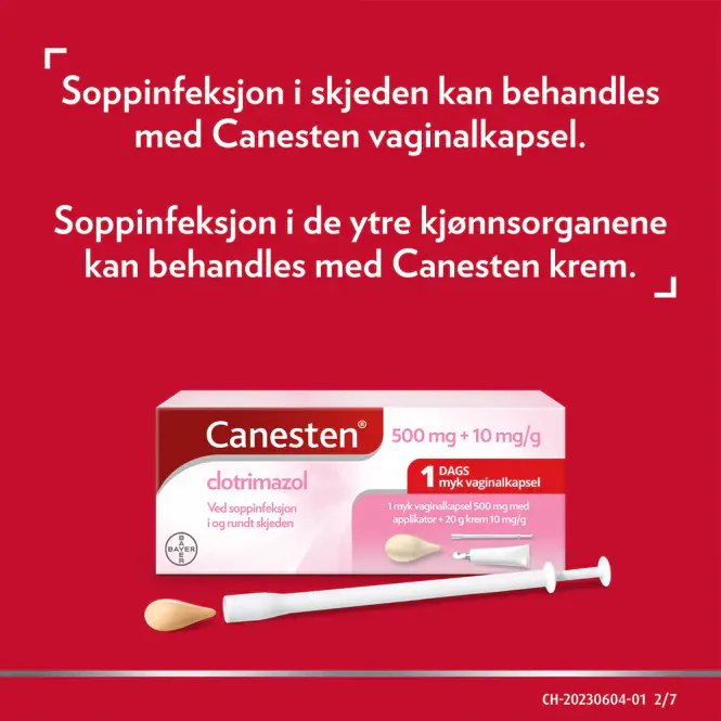 Hovedbilde Canesten 500 mg Myk Vaginalkapsel og 1% Krem 1+20 g