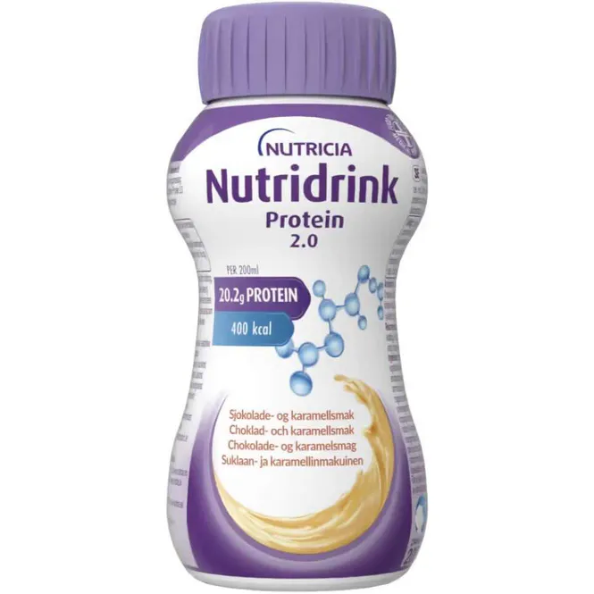 Hovedbilde Nutridrink Protein 2,0 Næringsdrikk Karamell & Sjokoladesmak 4 x 200 ml