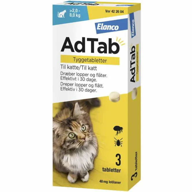 Hovedbilde AdTab Vet 48 mg Katt 2-8 kg Tyggetabletter 3 stk
