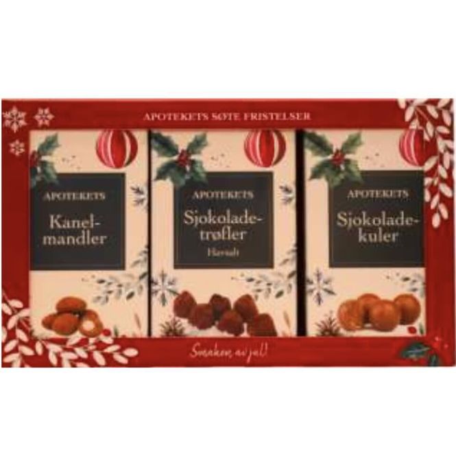 Hovedbilde Apotekets Søte Fristelser Sjokoladekuler, sjokoladetrøfler, kanelmandler 3x100 g